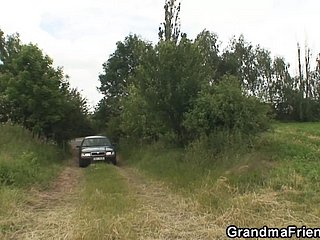 Old granny in outdoor triptych fuck