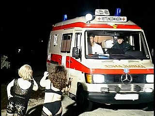 Horn-mad teeny sluts drag inflate guy's gadget in an ambulance
